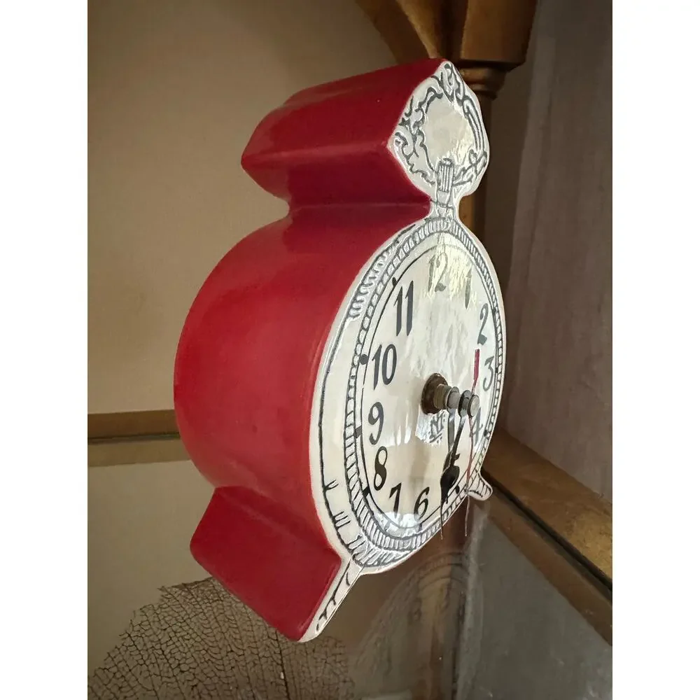 Anthropologie Tick Tock Clock MOLLY HATCH Red Ceramic, White Face